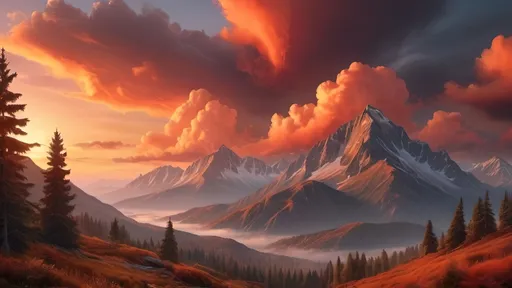 Prompt: Beautiful photorealistic mountain scene at sunset, vibrant orange and red clouds, high-res, high detail, forested mountains, scattered high and low clouds, atmospheric lighting