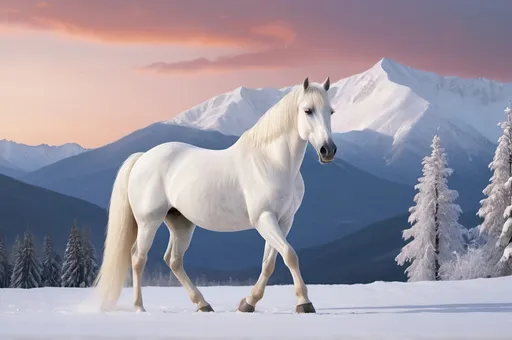 Prompt: A majestic white horse stands prominently in the foreground. His coat is clean and well groomed, with a slight sheen. The horse's pose is alert, with its head held high and ears down. Order: This scene looks like a snowy mountain scene at dusk or dawn. The sky is deep orange and pink indicating the time of day. Snow covers the ground, and tall, snow-covered trees line the background. The mountains in the distance are magnificent with their snow-capped peaks. Other details: The image has a dreamlike quality, with a soft focus and sense of calm.