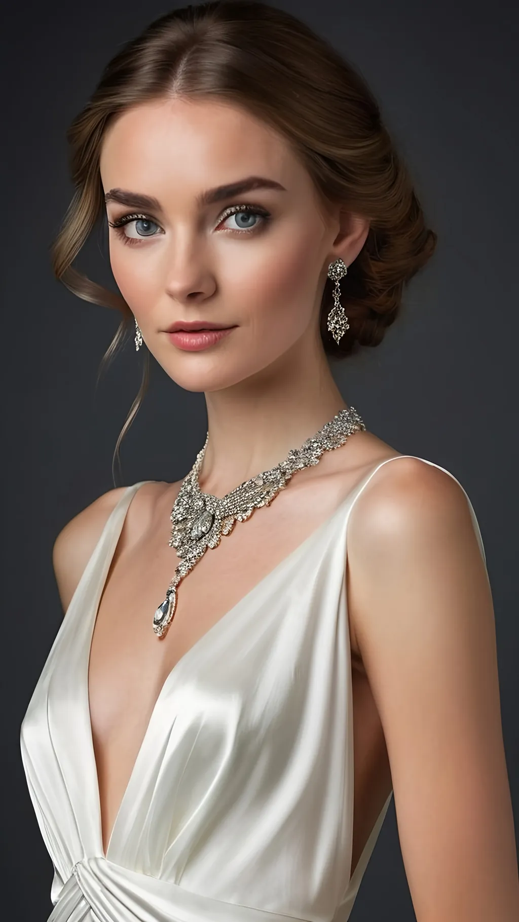 Prompt: high resolution, professional photograph of a powerful and elegant Irish woman, very very skinny, very skinny body, elegant flowing white silk gown, intricate jewelry, captivating gaze, grey eyes, detailed facial features, high quality, 8K resolution, elegant, flowing gown, powerful, captivating gaze, detailed facial features, intricate jewelry, professional lighting