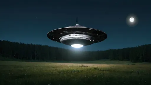 Prompt: a photograph of a disk shaped spacecraft hovering in a meadow, soft glow from the bottom of the spacecraft, nighttime scene with full moon in the sky