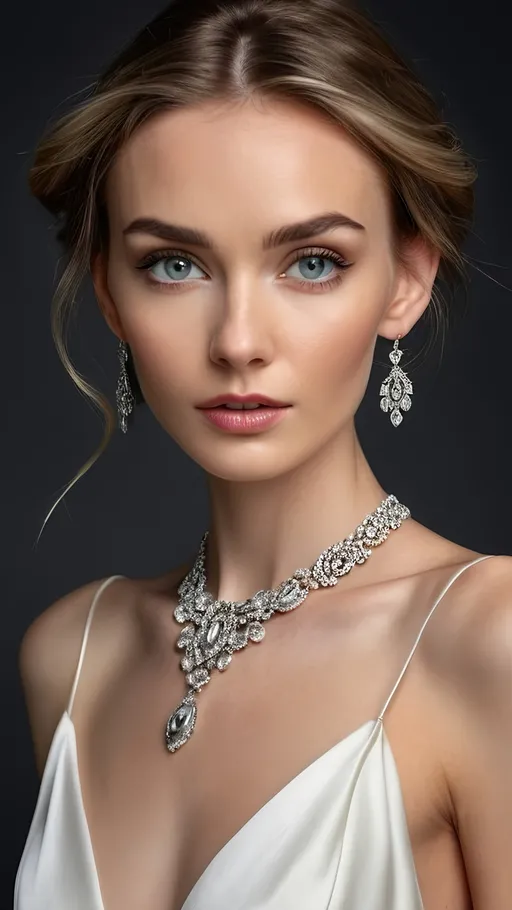 Prompt: high resolution, professional photograph of a powerful and elegant Irish woman, very very skinny, very skinny body, elegant flowing white silk gown, intricate jewelry, captivating gaze, grey eyes, detailed facial features, high quality, 8K resolution, elegant, flowing gown, powerful, captivating gaze, detailed facial features, intricate jewelry, professional lighting