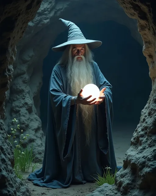 Prompt: In a dimly lit cavern, an elderly wizard stands regally, a gray, pointed hat with a wide brim sits on his head, and he is draped in flowing robes that cascade to the ground, embodying an air of wisdom and mystique. His long, silvery hair and beard frame a serene yet intense expression as he cradles a luminous crystal ball in his hands, casting an ethereal glow that highlights the rugged textures of the cave's walls. The environment is shrouded in shadow, with subtle hints of light filtering through the stone, creating a tranquil yet eerie atmosphere. In the foreground, delicate tufts of grass peek through the rocky terrain, suggesting a hidden beauty amid the ruggedness. The overall mood conveys a sense of ancient knowledge and the anticipation of unseen possibilities, inviting the viewer into a world of magic and mystery.