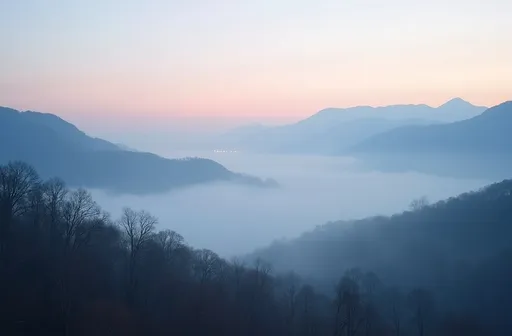 Prompt: photograph of serene mountain landscape at dawn, foggy valley, dense forest with bare trees, rolling hills in background, soft pastel colors, early morning light, misty atmosphere, calm and peaceful, subtle gradient sky from light blue to soft pink, no people, natural beauty, sense of tranquility, winter season, muted earthy tones, distant mountains, subtle light reflections on water, nature scenery, no man-made objects, high resolution, detailed texture, soft focus on background, crisp foreground, wide-angle shot