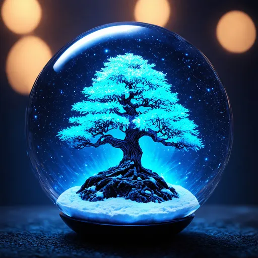 Prompt: a glass ball with a neon tree inside, fantasy tree, glass ball, neon blue tree of life inside the ball, galactic bonsai, yggdrasil, obsidian globe, snow globe, glass sphere, translucent sphere, fantasy aesthetic, snowglobe, magical glowing sphere in midair, the world neon tree, inside a snow globe, magical neon tree, crystal ball, fantasy render, world neon tree