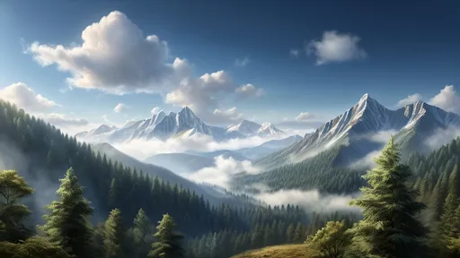 Prompt: Beautiful photorealistic mountain scene, bright morning light, high-res, high detail, forested mountains, deep blue sky, scattered high and low clouds, atmospheric lighting
