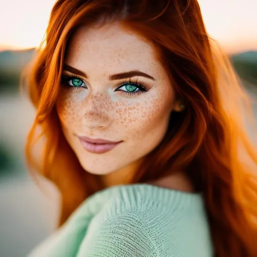 Prompt: Woman, green eyes, california girl, red-head, freckles

