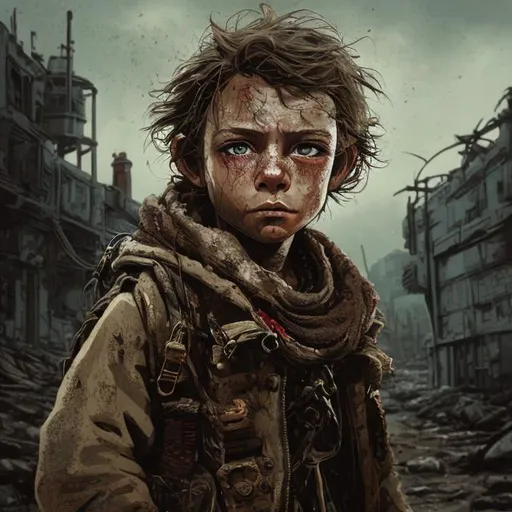 Prompt: Detailed illustration of a young girl in a rugged post-apocalyptic setting, light small facial hair, unkempt middle-length light brown hair, tan military ammo webbing, red face bandana, intense and weathered expression, high-quality, detailed, post-apocalyptic, rugged style, earthy tones, dramatic lighting