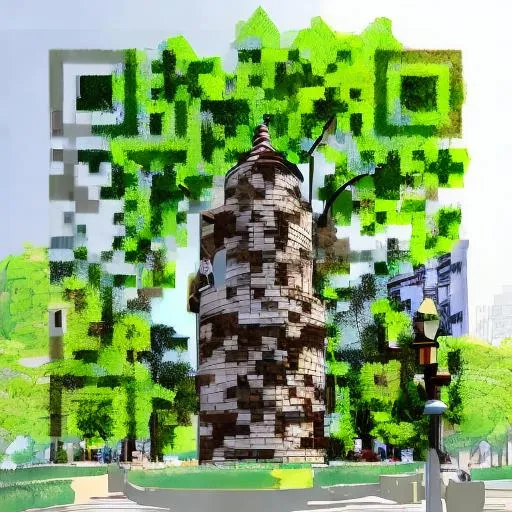 Prompt: a brown round stone tower
in a city
green trees
