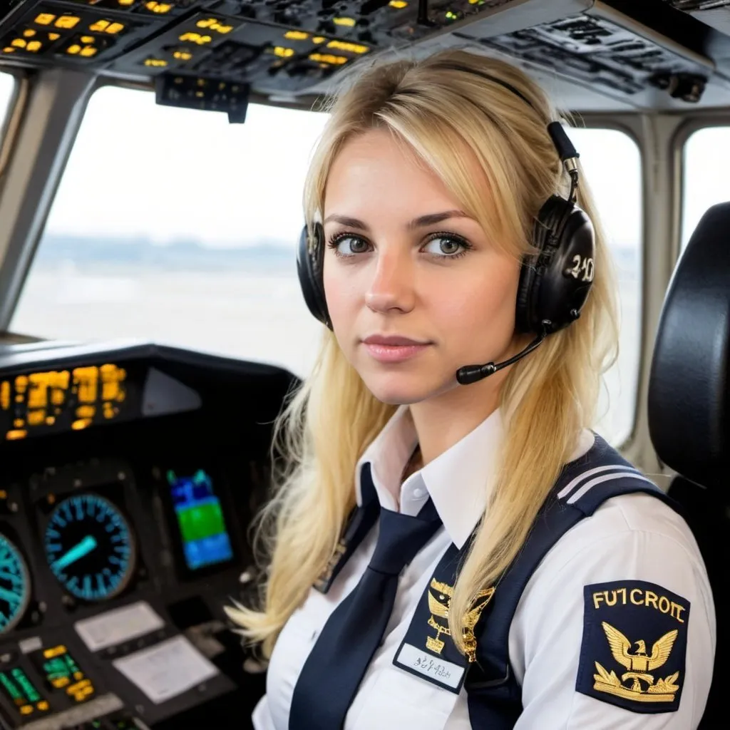 Prompt: blonde female a320 pilot