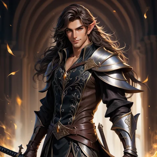 Prompt: Full Body visible, oil painting, D&D fantasy,  ((tanned-skinned-elf noble)), tanned-skinned-male, slender, ((beautiful detailed face and large dark anime eyes)) long wavy dark brown hair, sinister smile, pointed ears, looking at the viewer, wearing adventurer's outfit with rapier in hand, intricate hyper detailed hair, intricate hyper detailed eyelashes, intricate hyper detailed shining pupils #3238, UHD, hd , 8k eyes, detailed face, big anime dreamy eyes, 8k eyes, intricate details, insanely detailed, masterpiece, cinematic lighting, 8k, complementary colors, golden ratio, octane render, volumetric lighting, unreal 5, artwork, concept art, cover, top model, light on hair colorful glamourous hyperdetailed, intricate hyperdetailed breathtaking colorful  villa, ultra-fine details, hyper-focused, deep colors, dramatic lighting, ambient lighting god rays, | by sakimi chan, artgerm, wlop, pixiv, tumblr, instagram, deviantart