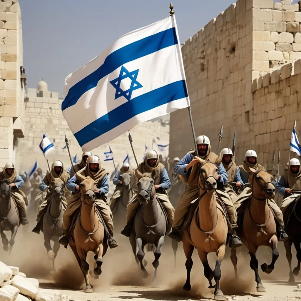 Prompt: Israel won the war of Jerusalem and flag of Israel 