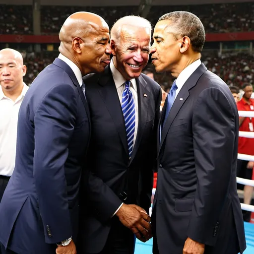 Prompt: joe biden and obama are kissing while boxing with mike tyson at the beijing olympic stadium

