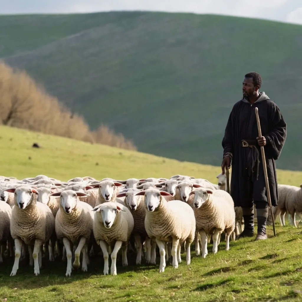 Prompt: A poor black shepherd with a flock of sheep on a hill