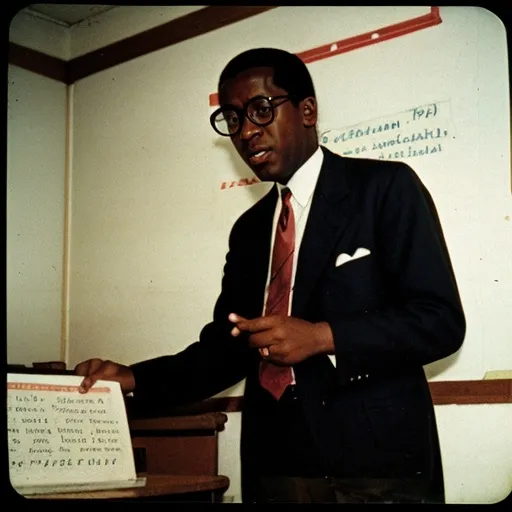 Prompt: Analog film photography still, portrait of a black teacher giving a lesson, grainy fujifilm film, anaglyph effect. Wide shot. At the year 1920.