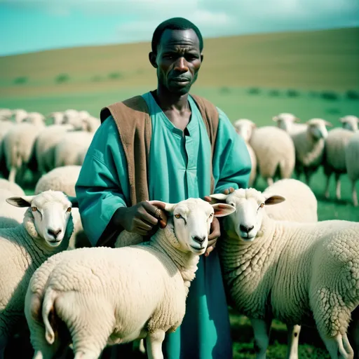 Prompt: Analog film photography still, portrait of an african shepherd with sheep, grainy fujifilm film, anaglyph effect