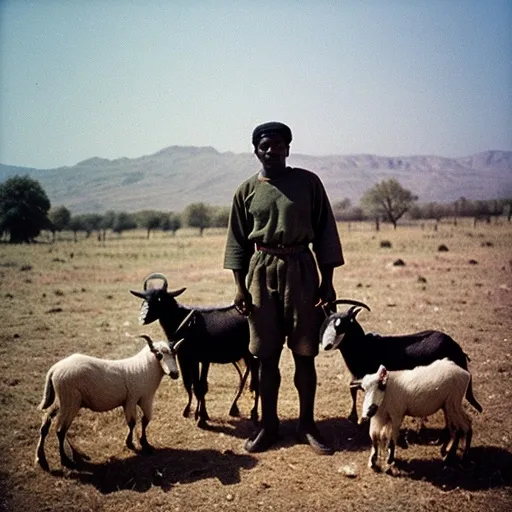 Prompt: Analog film photography still, portrait of a balck shepherd with goats, grainy fujifilm film, anaglyph effect