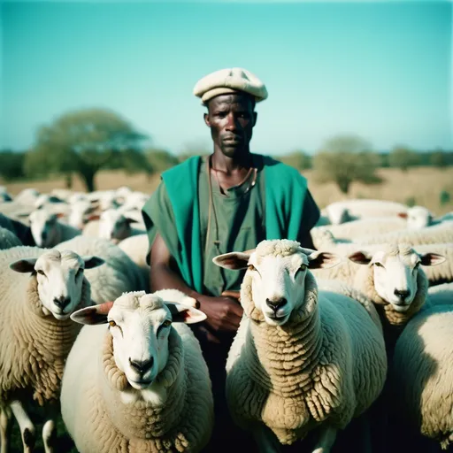 Prompt: Analog film photography still, portrait of an african shepherd with sheep, grainy fujifilm film, anaglyph effect