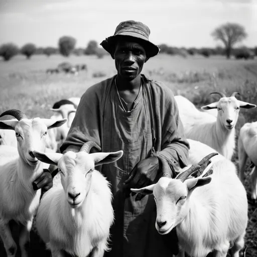 Prompt: Analog film photography still, portrait of an african shepherd with goats, grainy fujifilm film, anaglyph effect. Black and white. Very old.