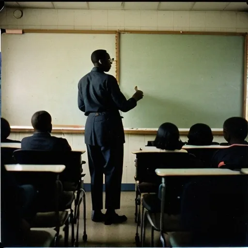 Prompt: Analog film photography still of a black teacher giving a lesson, grainy fujifilm film, anaglyph effect. Wide shot. At the year 1920. Picture taken from the back of the class.