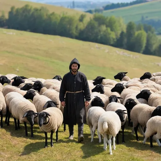 Prompt: A poor black shepherd with a flock of sheep on a hill