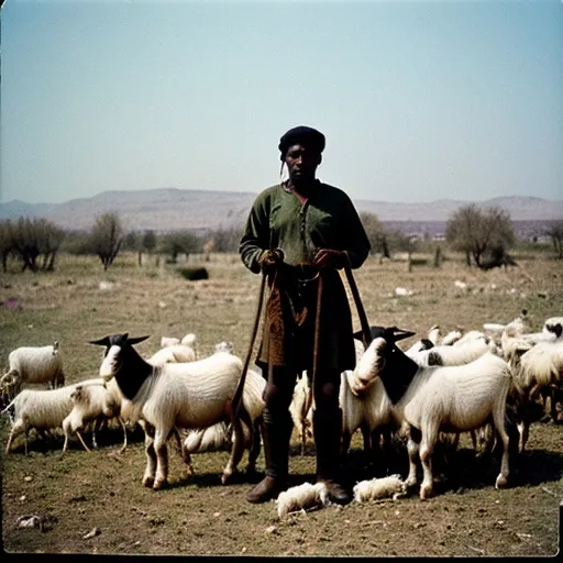 Prompt: Analog film photography still, portrait of a balck shepherd with goats, grainy fujifilm film, anaglyph effect