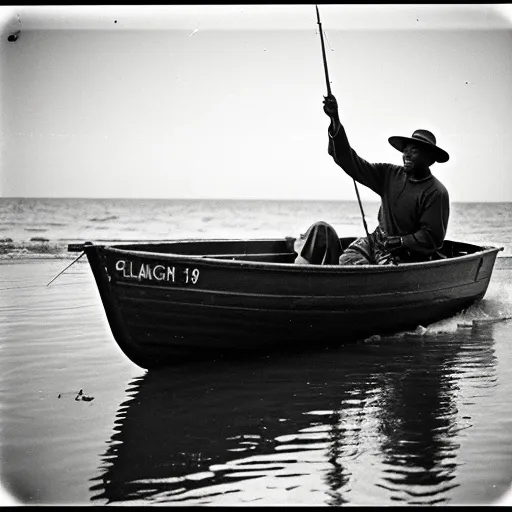 Prompt: Analog film photography still of a black fisherman laughing at the year 1910 in a boat, grainy fujifilm film, anaglyph effect.  Shot from the beach. Blurry. Realistic.