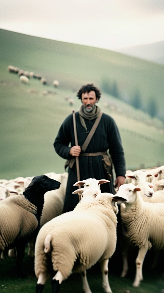 Prompt: A black shepherd with a flock of sheep, captured with soft focus and muted colors typical of early film photography