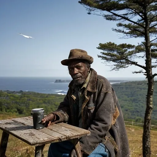 Prompt: An older, black, poor man dressed in a worn-out country coat, perched on a stool on a table, arranges an antenna on top of a poor cabin on top of a hill. In the background there are trees and you can see the coast. Some birds travel over a clear sky.