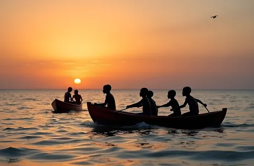 Prompt: Unos niños negros se divierten mientras pescan en el mar al atardecer. Cada uno va en un pequeño barco diferente.