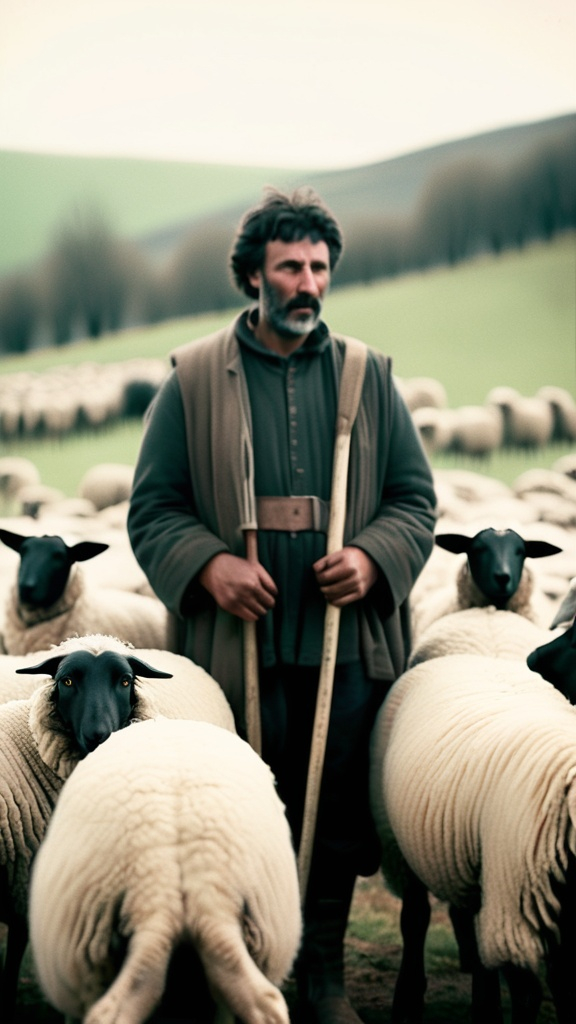 Prompt: A black shepherd with a flock of sheep, captured with soft focus and muted colors typical of early film photography