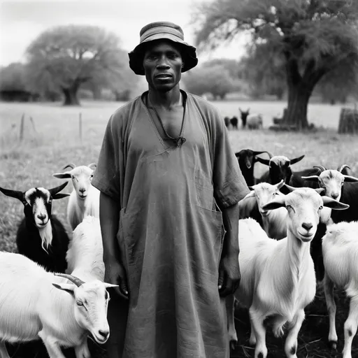 Prompt: Analog film photography still, portrait of an african shepherd with goats, grainy fujifilm film, anaglyph effect. Black and white. Very old.