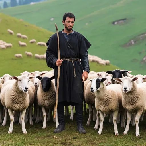 Prompt: A poor black shepherd with a flock of sheep on a hill