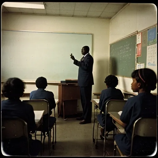 Prompt: Analog film photography still of a black teacher giving a lesson, grainy fujifilm film, anaglyph effect. Wide shot. At the year 1920. Picture taken from the back of the class.