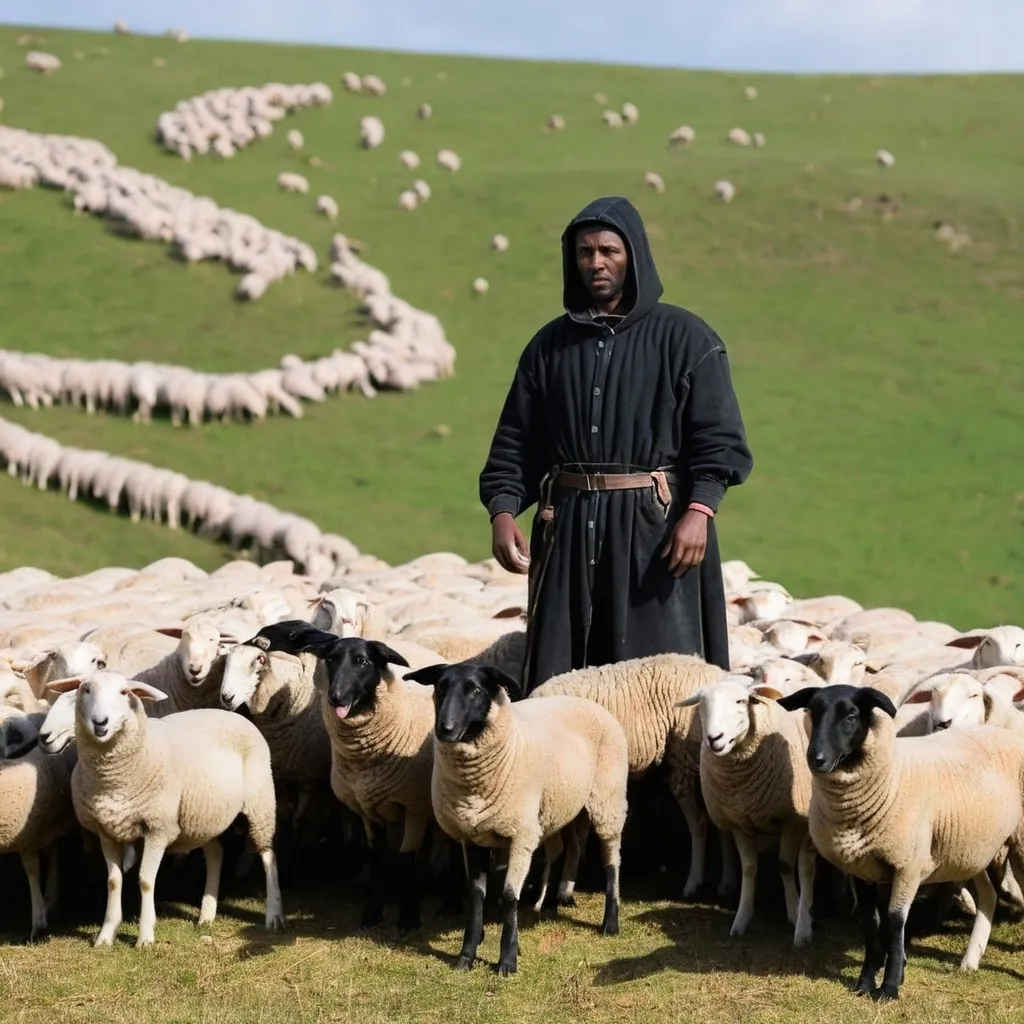 Prompt: A poor black shepherd with a flock of sheep on a hill