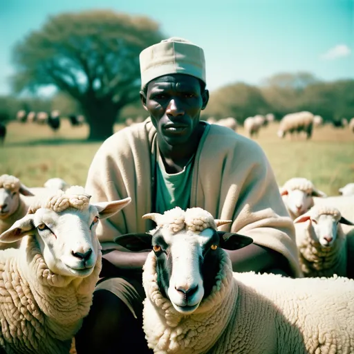 Prompt: Analog film photography still, portrait of an african shepherd with sheep, grainy fujifilm film, anaglyph effect