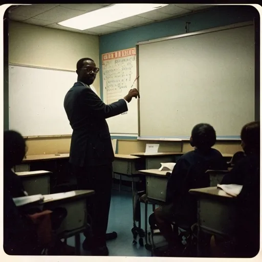 Prompt: Analog film photography still of a black teacher giving a lesson, grainy fujifilm film, anaglyph effect. Wide shot. At the year 1920. Picture taken from the back of the class.