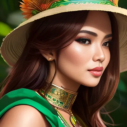 Prompt: Realistic Indonesian female, oil painting, traditional attire, intricate batik patterns, high quality, realistic, vibrant colors, detailed features, cultural, atmospheric lighting