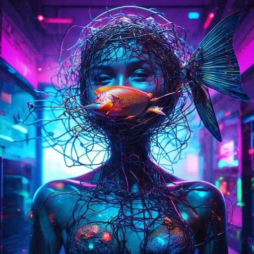 Prompt: (woman with giant head), (body covered in wires and eclectic items), (fish in her mouth), Christian W. Staudinger style, (neoplasticism), cyberpunk themes, vibrant neon colors, intricate patterns, (highly detailed digital painting), dynamic atmosphere, futuristic background, surreal elements, ultra-detailed, cinematic lighting, play of shadows and highlights, unique visual concept, emotionally engaging ambiance.