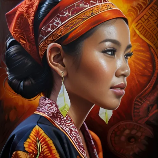 Prompt: Realistic Indonesian female, oil painting, traditional attire, intricate batik patterns, high quality, realistic, vibrant colors, detailed features, cultural, atmospheric lighting