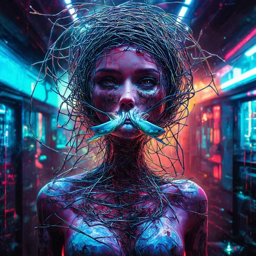 Prompt: (woman with giant head), (body covered in wires and eclectic items), (fish in her mouth), Christian W. Staudinger style, (neoplasticism), cyberpunk themes, vibrant neon colors, intricate patterns, (highly detailed digital painting), dynamic atmosphere, futuristic background, surreal elements, ultra-detailed, cinematic lighting, play of shadows and highlights, unique visual concept, emotionally engaging ambiance.