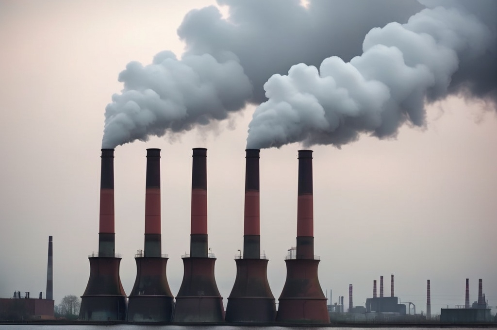 Prompt: Smokestacks emitting from industrial chimneys, gloomy enviornment, air pollution