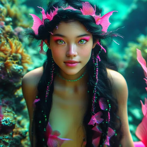 Prompt: (mermaid), vibrant pink and green tail, long black wavy hair in intricate braids, striking purple eyes, iridescent purple and pink scales, joyful expression, immersed at the bottom of the ocean, surrounded by colorful coral formations and diverse fish, enchanting underwater world, magical atmosphere, high detail, ultra-detailed, fantasy style, visually stunning, rich colors and textures, serene and lively ambiance.