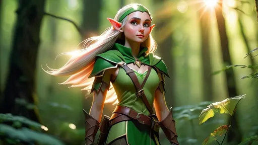 Prompt: Elf ranger in a mystical forest around sunlight