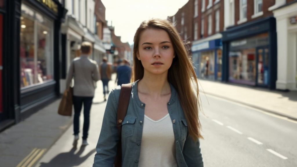 Prompt: Tall young woman walking down the high street, detailed clothing, realistic, natural lighting