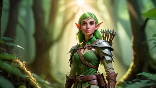 Prompt: Elf ranger in a mystical forest around sunlight