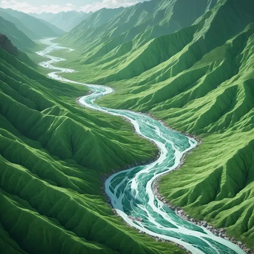 Prompt: Can you generate an image of water flowing through greenish mountains?