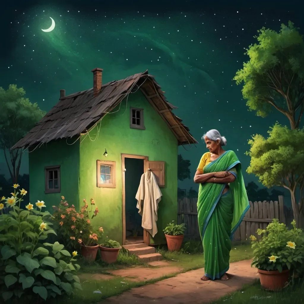 Prompt: There is a small house in a village surrounded by beautiful garden.. It's a dark night with lots of stars in the sky. The old lady is sleeping in the hose wearing a green saree and a angel is watching her 