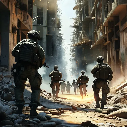 Prompt: "In a hyperrealistic warzone setting, heavily armed soldiers in modern tactical gear are engaged in intense combat. The scene captures the gritty realism of battle, with explosions in the background, debris flying, and dust clouds forming in the air. The soldiers, with determined expressions, navigate through a war-torn urban environment, taking cover behind crumbling walls and abandoned vehicles. The atmosphere is tense, with detailed smoke effects, bullet trails, and sparks from gunfire. The lighting is dramatic, with harsh shadows and beams of sunlight breaking through the smoke, enhancing the realism and intensity of the scene."