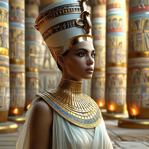 Prompt: Here's "A hyperrealistic depiction of an Egyptian goddess standing tall in an ancient, ornately decorated temple. The goddess has flawless, golden-brown skin, adorned with intricate gold jewelry, including a broad collar necklace, arm cuffs, and a headdress featuring a sun disk and cobra. Her eyes are lined with kohl, giving her an intense, divine gaze. She wears a flowing, white linen dress that drapes elegantly over her body. The background reveals hieroglyph-covered stone walls and flickering torches, casting a warm, golden glow that highlights the fine details of her features and attire. The atmosphere is both majestic and mystical, with the goddess exuding an aura of power and serenity."