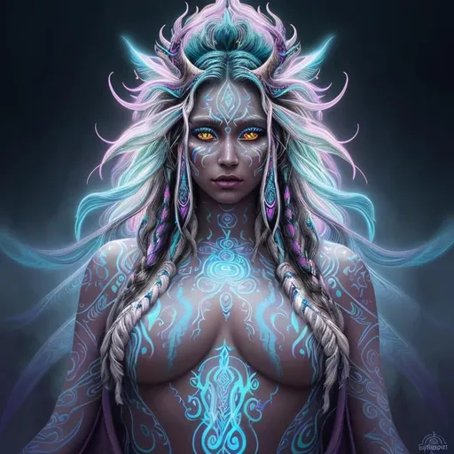 Prompt: Detailed image of the mythical being Ahmahana, vibrant and mystical, digitally painted, ethereal glow, intricate tribal markings, piercing eyes, flowing ethereal robes, otherworldly aura, high quality, mystical, vibrant colors, detailed, digital painting, mythical, tribal markings, piercing eyes, flowing robes, ethereal, atmospheric lighting